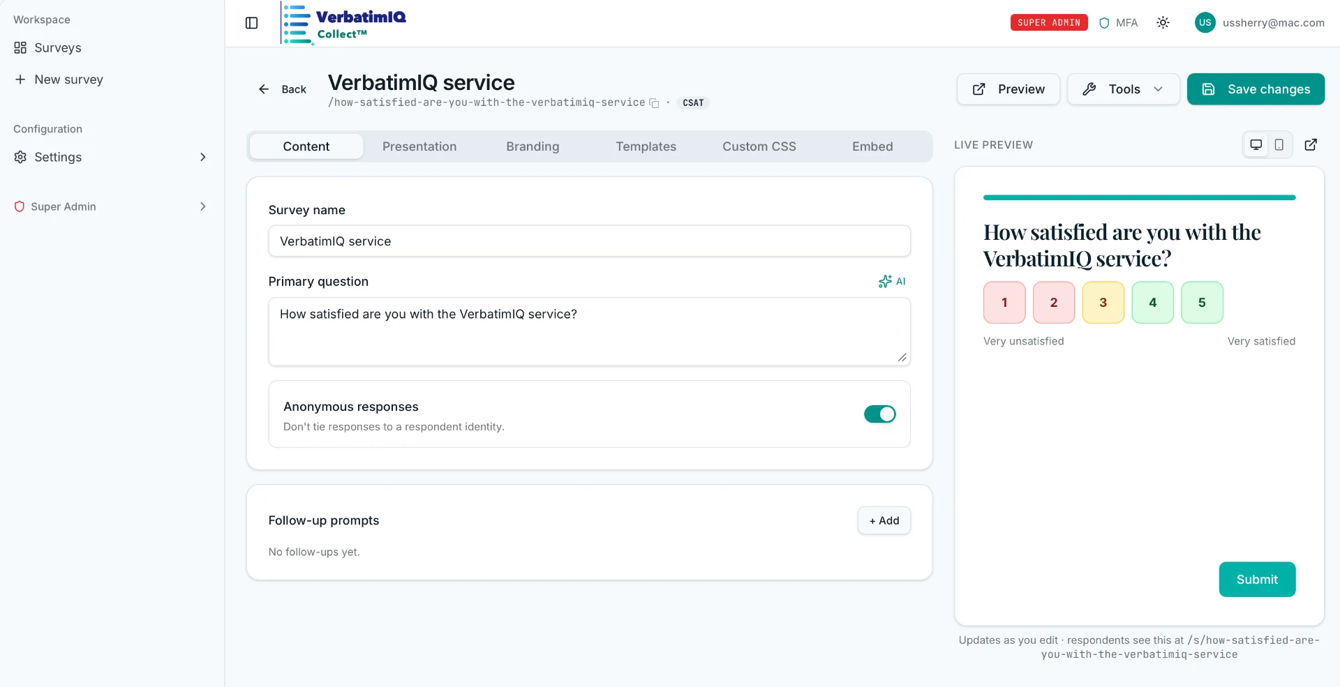 Survey editor with live preview