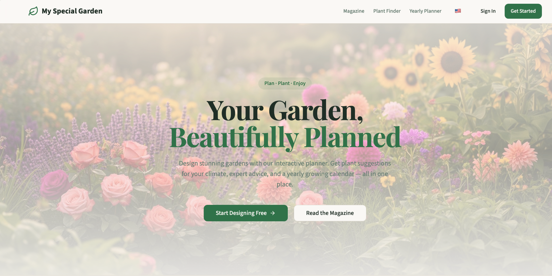 My Special Garden hero: a beautifully planned garden with sunflowers, roses, and lavender